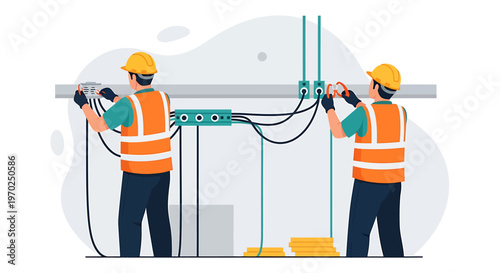 Electricians Installing Electrical Wiring System Safely.
