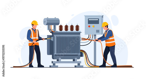 Electricians working on a large power transformer installation.
