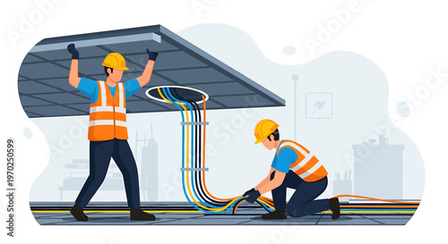 Electricians Installing Solar Panels on Rooftop for Renewable Energy.