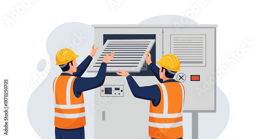 Two electricians installing electrical equipment in a control panel.