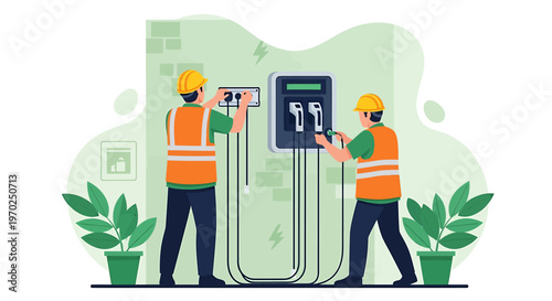 Two electricians installing electrical equipment on a wall.