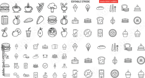 Food and Beverage Icon Set Featuring Burgers, Ice Cream, Fruit, Drinks, and Bakery Items for Menu Design, Websites, and Digital Projects