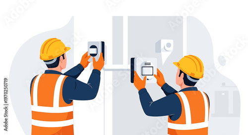 Two electricians installing electrical equipment on a wall.