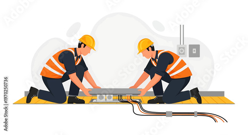 Two electricians installing network cables in a server room.