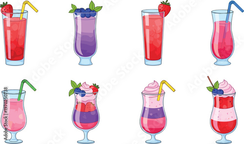 Bright cocktail drinks vector illustration set with fruity beverages, smoothies, layered desserts and refreshing summer glasses collection isolated
