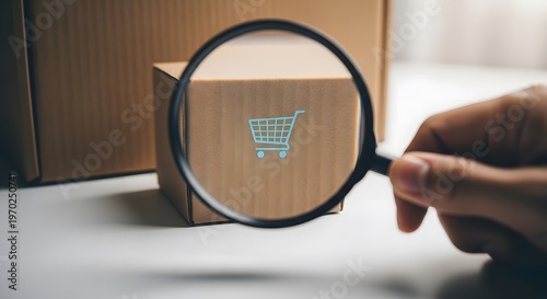 A hand holding a magnifying glass focused on a cardboard box with a barcode