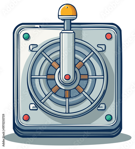 Cartoon illustration of a metal control panel with a lever and radial dial