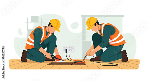Two electricians installing electrical wiring and outlets.
