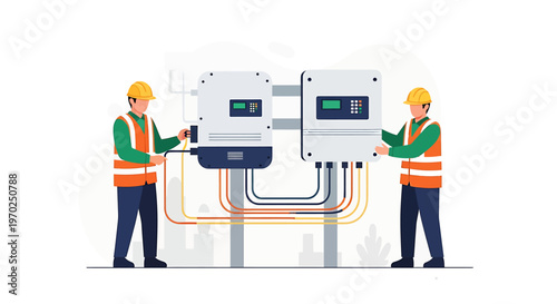 Two electricians installing solar power equipment on white background.