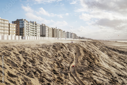 Obraz na płótnie Sand dunes and white beach huts on Koksijde beach, Belgium