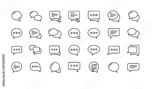 Chat and communication outline icons speech bubbles dialogue UI set thin line vector isolated on white