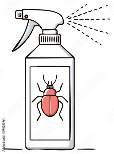 Cartoon Spray Bottle with Insect Image and Spraying Mist Against Pests Vector Illustration