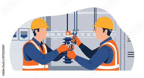 Two electricians working together on electrical equipment.