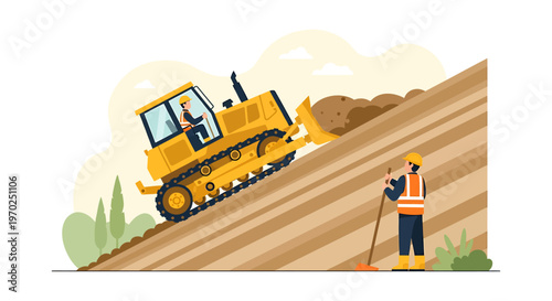 Yellow bulldozer pushing dirt on a steep construction site hill.