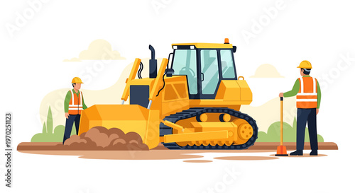 Yellow bulldozer working on construction site with two workers.
