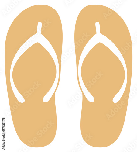 Minimalist flat design illustration of a pair of light brown flip flops with white straps ideal for summer beach vacation
