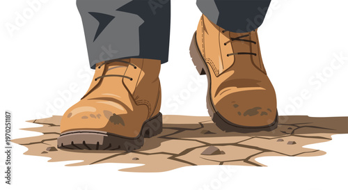 A person wearing dark pants and brown work boots stands on cracked, dry earth against a white background.