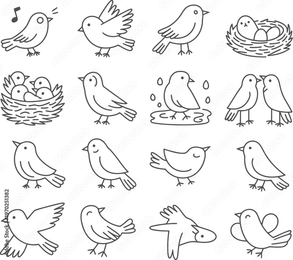 Fototapeta premium Bird behaviors line icons, vector set illustrating bird singing, flying, landing, nesting, feeding chicks, preening, and bathing, clean minimal design for wildlife and nature concepts