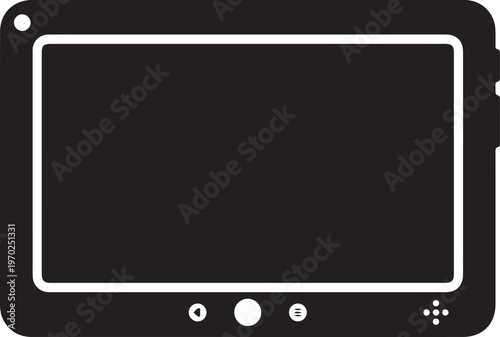 Black silhouette icon of a generic portable tablet device with a dark screen and control buttons, isolated on white background, representing modern digital technology and electronic gadgets.