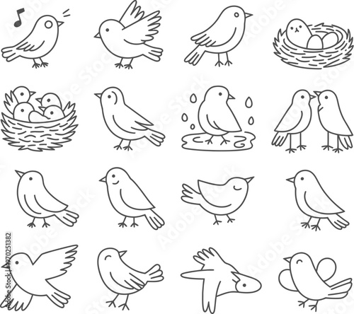 Bird behaviors line icons, vector set illustrating bird singing, flying, landing, nesting, feeding chicks, preening, and bathing, clean minimal design for wildlife and nature concepts