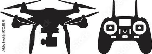 Black silhouette icon of a modern drone with camera and its remote controller, isolated on a white background, representing aerial technology and hobby.