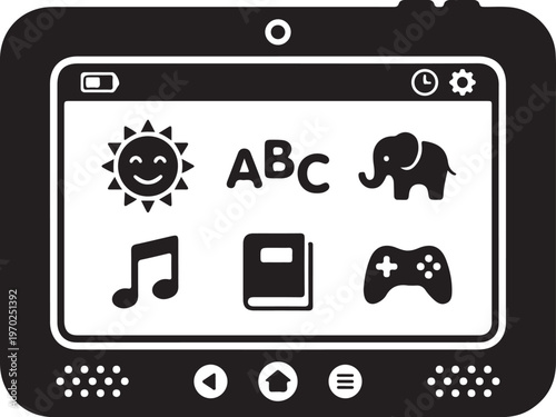 Black silhouette icon of a child's educational tablet displaying various app icons for learning and play, isolated on white background, representing digital education and entertainment.
