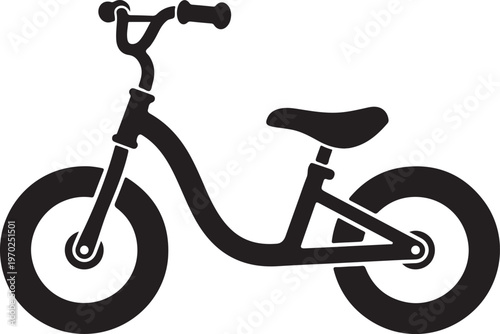 Clean black and white vector illustration of a toddler's balance bike, an essential tool for developing coordination and early cycling skills.