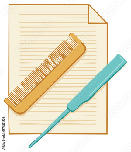 Hair styling tools yellow comb and blue tail comb illustration on a sheet of lined paper