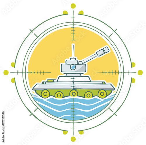 Cartoon tank in a military target sight crossing water on yellow background