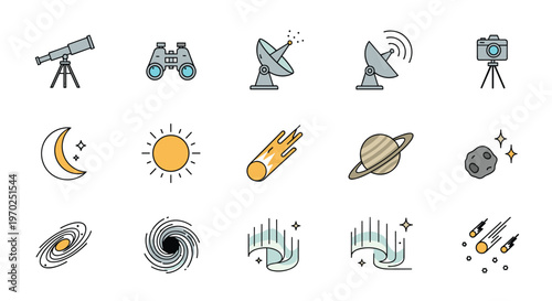 A grid of fifteen flat-design icons related to astronomy and space is displayed on a white background.