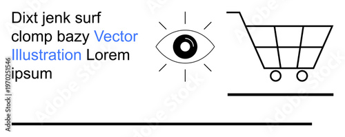 E-commerce, online shopping, digital marketing, vision, advertisement, personalization. Minimalistic eye symbol next to a shopping cart. E-commerce and vision-themed conceptual design
