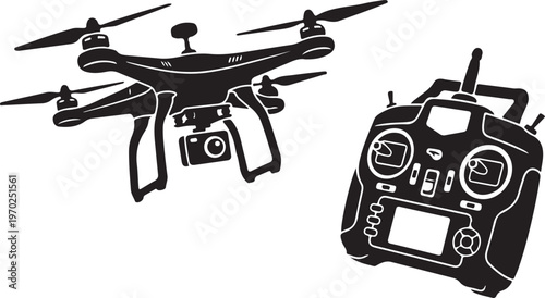 Black silhouette icons of a professional camera drone and its advanced remote controller, isolated on white background, representing high-tech aerial imaging and sophisticated flight operations.