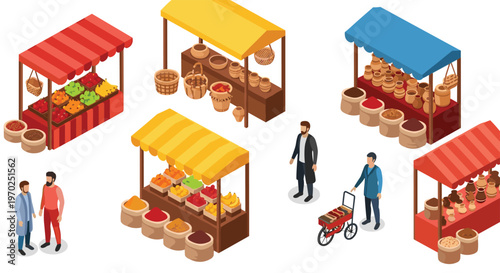Six isometric market stalls with vendors and various goods are arranged on a white background.