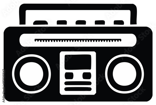 Portable retro boombox stereo radio music player black and white graphic icon illustration