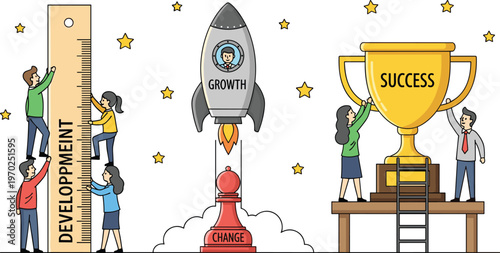 Business development and growth concept with rocket launch success trophy pawn change and people climbing ruler for professional achievement career goals
