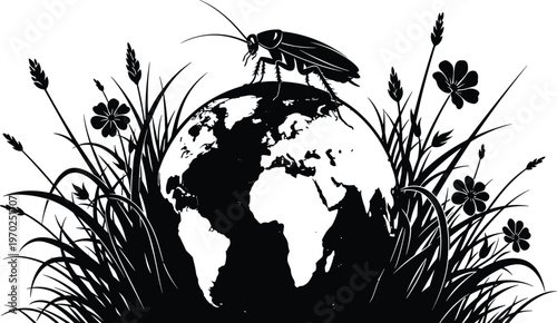Cockroach on Earth Globe Illustration Surrounded by Grass and Flowers Symbolizing Pest Resilience Survival and Global Environmental Issues for Graphic Design