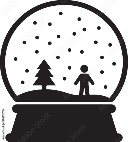 Black silhouette icon of a magical snow globe with a person and a single pine tree, evoking serene winter holidays and peaceful moments.