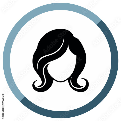 Stylish woman's head silhouette with wavy hair inside a segmented blue and grey circular avatar icon