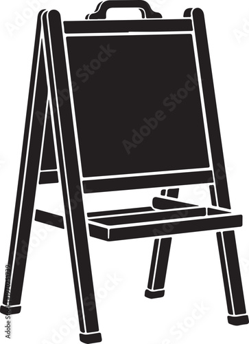 Black silhouette icon of a portable wooden artist's easel with a handle and tray, ideal for creative painting and drawing activities.