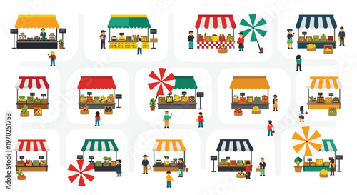 A grid of twelve flat-design market stalls with vendors and customers is arranged on a light grey background.