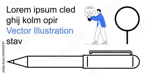 Creativity, innovation, education, workplace, writing, design thinking. A person holding a lightbulb an idea beside written text and a pen. Creativity and innovation concept