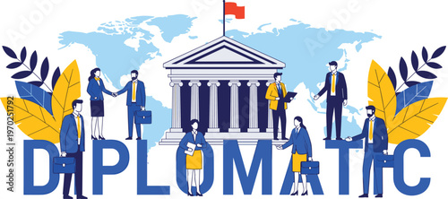 Diplomatic concept vector illustration with international business people shaking hands world map government building and bold typography for global relations.