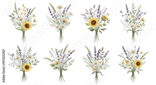 Watercolor floral bouquets with sunflowers, daisies, and lavender on transparent background