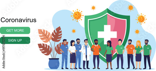 Medical, team, standing, together, for, coronavirus, protection, banner, featuring, a, giant, shield,, healthcare, workers,, virus, cells,, and, web, buttons.