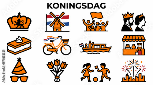 Koningsdag Icons Set: Dutch Holiday Celebration Symbols