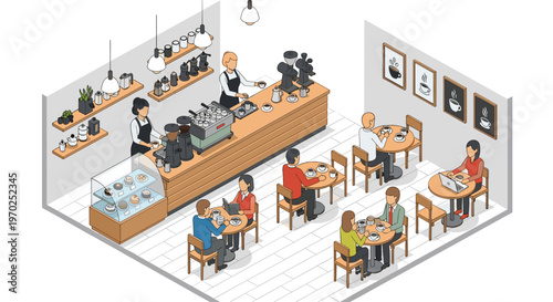 An isometric illustration depicts a lively coffee shop interior with baristas serving customers seated at tables and working on laptops.