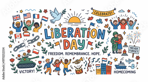 Liberation Day Celebration Doodle Art with Flags and People