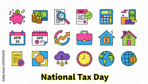 National Tax Day Icons: Finance, Savings, Calendar, Taxes, Business