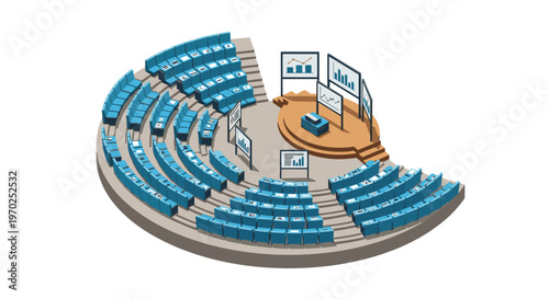 An isometric illustration depicts a circular auditorium with blue tiered seating surrounding a central stage with a podium and screens.