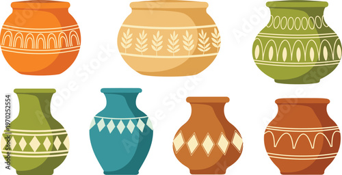 Rustic Collection of Handcrafted Ceramic Pottery Vases and Clay Jars with Geometric Ethnic Patterns Isolated on White Background for Interior Home Decor and Traditional Artisanal Craft Design
